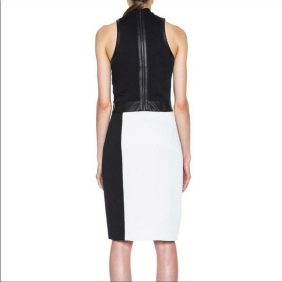 HELMUT LANG TWISTED DRAPE GRAINED VISCOSE LEATHER  TRIM DRESS Black White - Picture 2 of 16